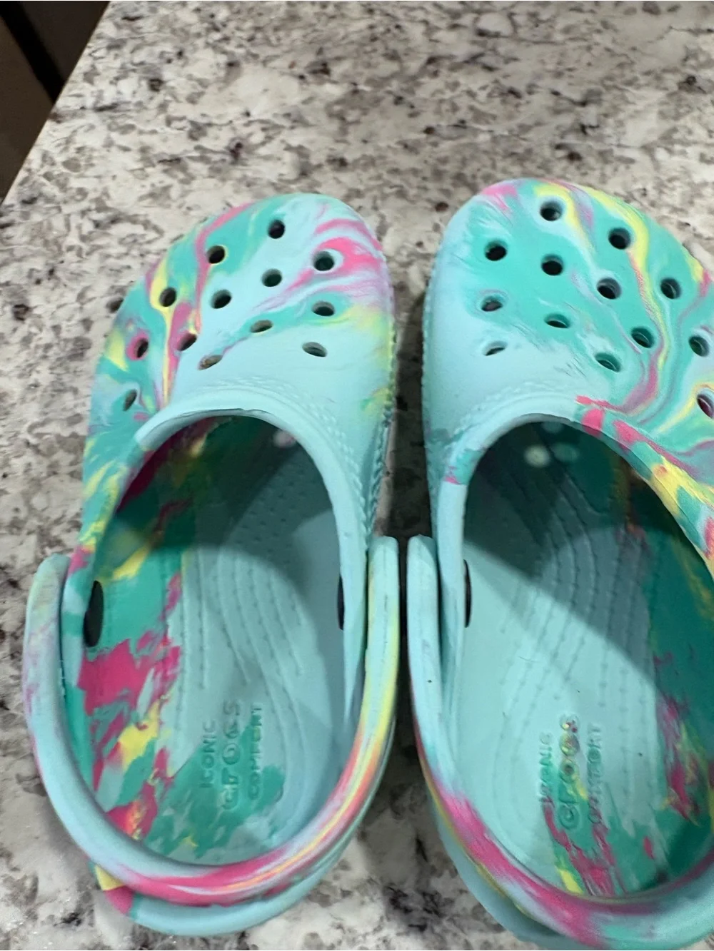 CROCS Kids Water Clogs in Turquoise with Pink & Yellow Swirl